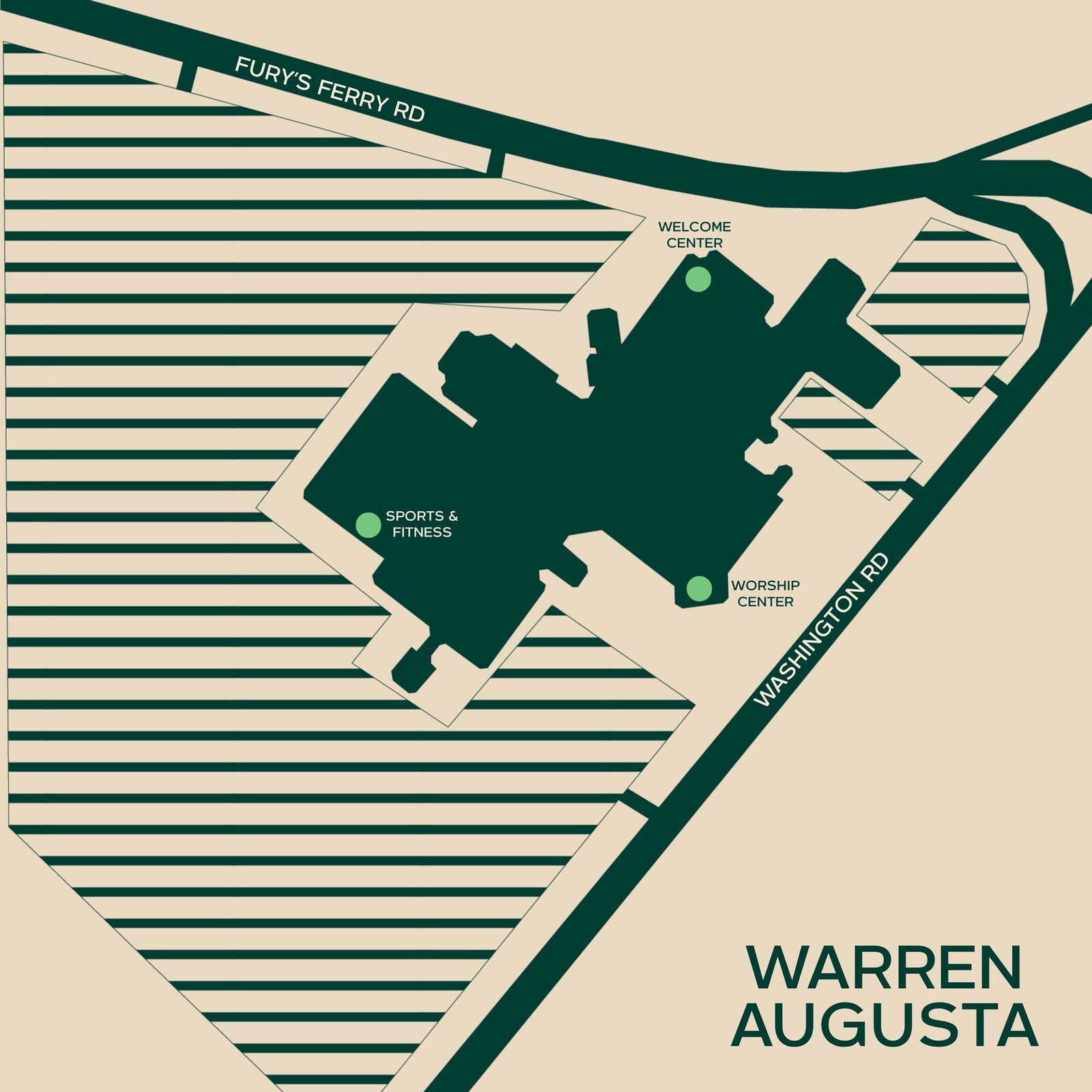 Map of the Warren Augusta campus between Washington Rd and Fury’s Ferry Rd, marking the Welcome Center, the Worship Center and Sports & Fitness.