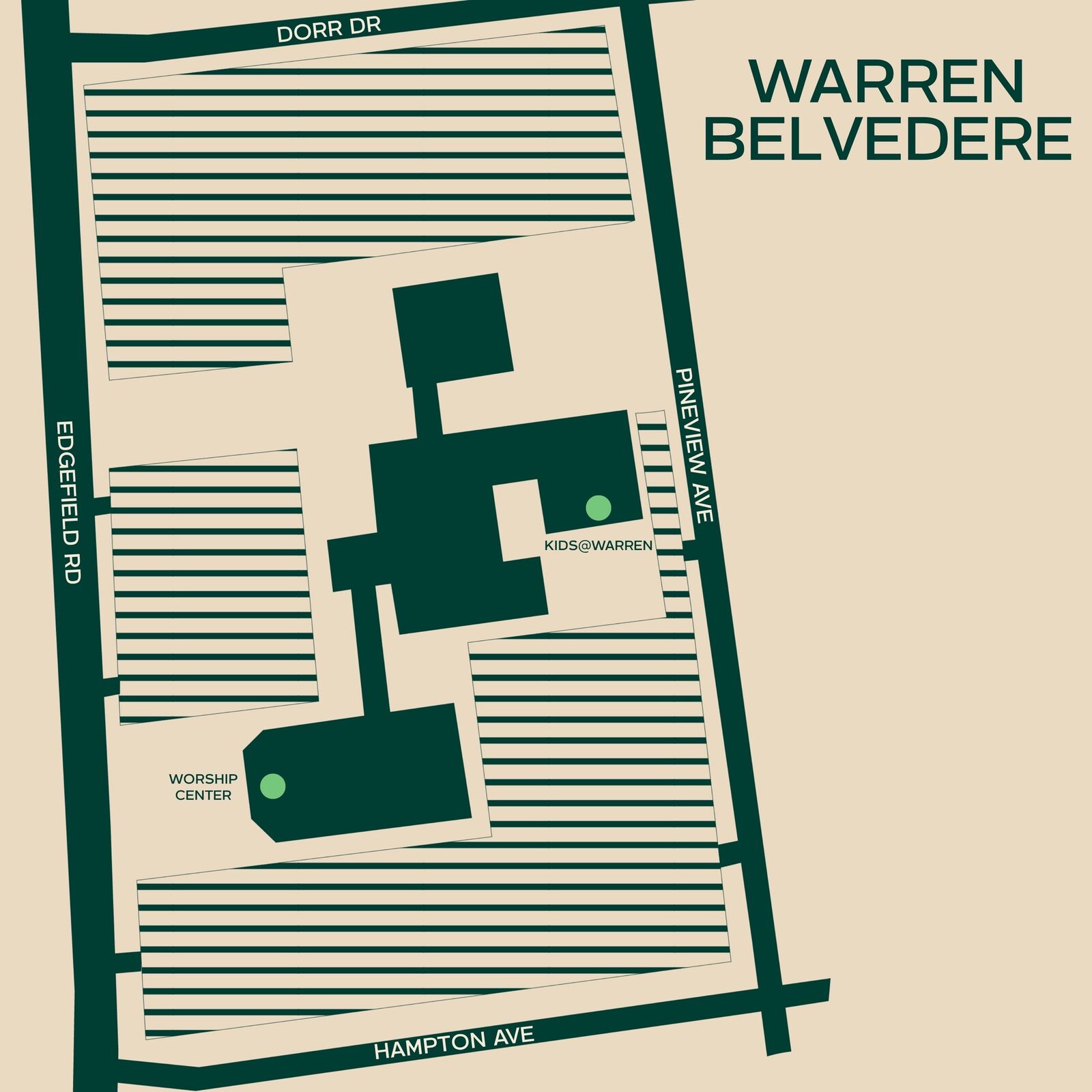 Map of the Warren Belvedere campus on Edgefield Rd, between Dorr Dr and Hampton Ave, marking the Worship Center and Kids@Warren, with parking on every side.