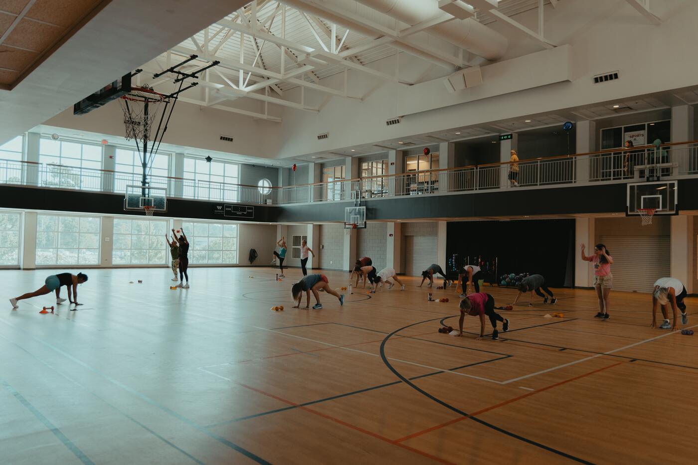 The gym floor set up for a class.