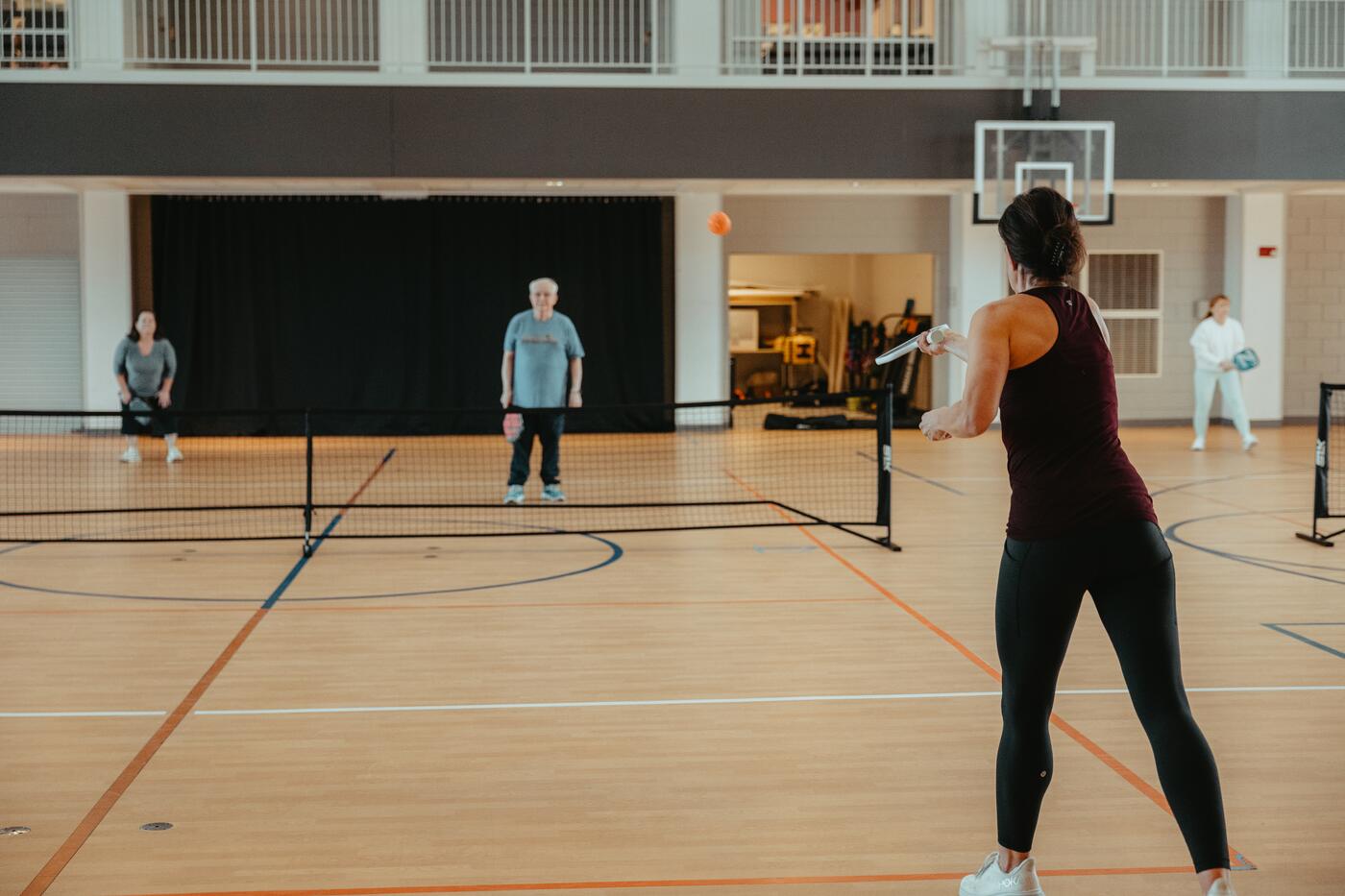 The pickleball net set up across the court.